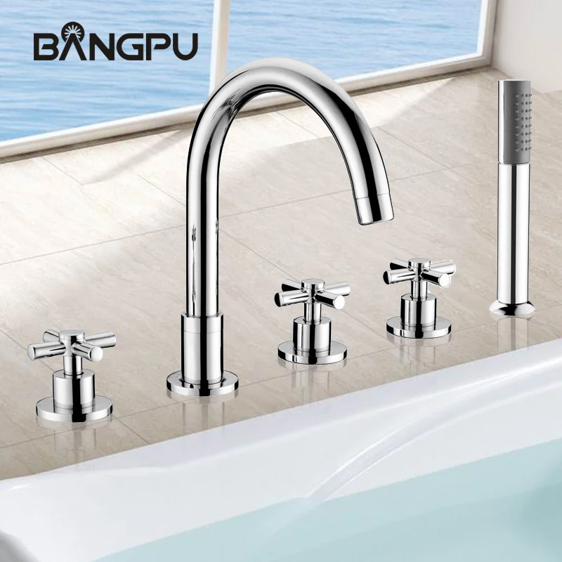 

Deck Mount Bathtub Faucet Set with Hand Shower 5 Hole Bathroom Tub Faucet Kit Roman Bath Tub Faucets with Handheld Shower Chrome