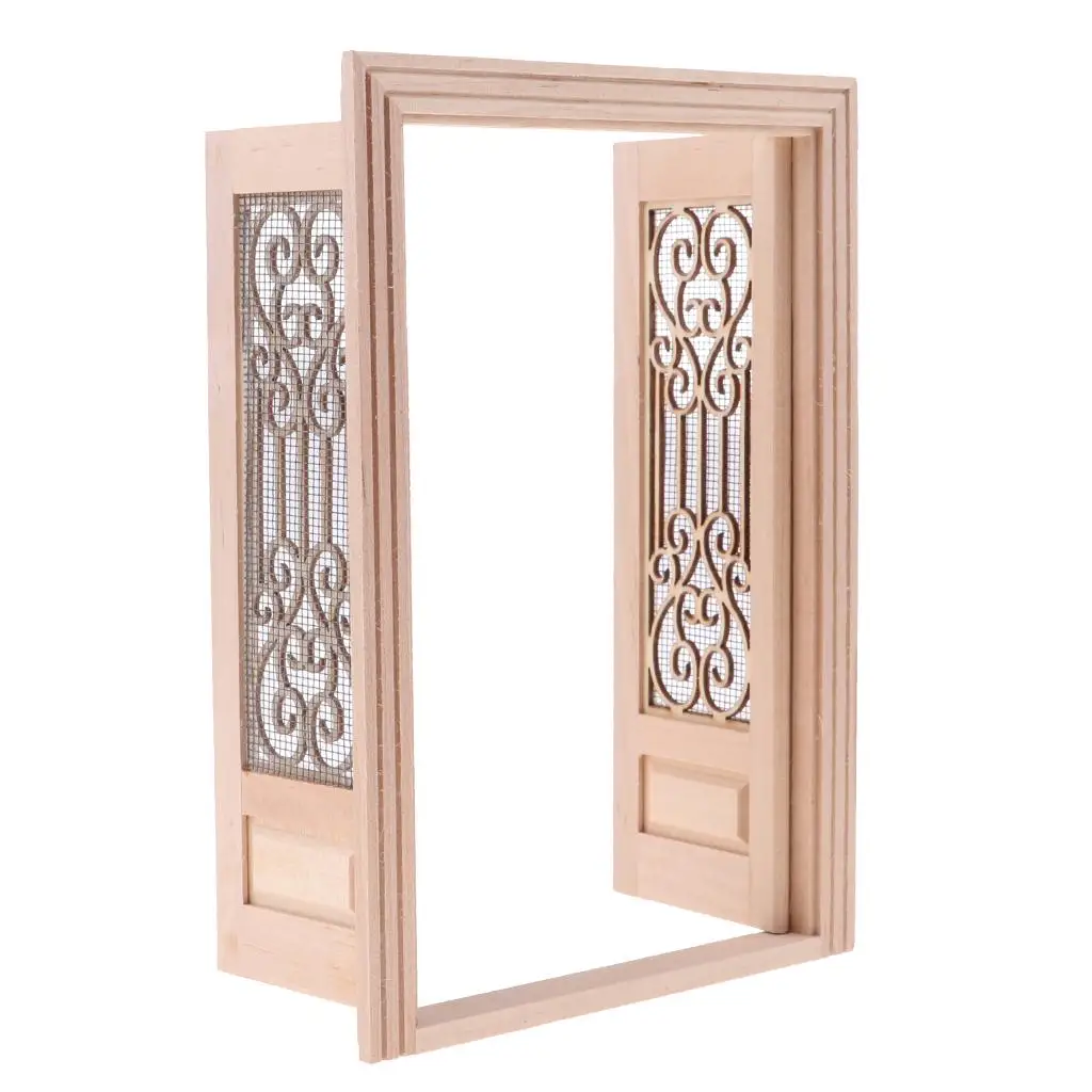 Muebles de casa de muñecas, puerta de pantalla hueca, accesorios de puerta de madera externa, 1/12