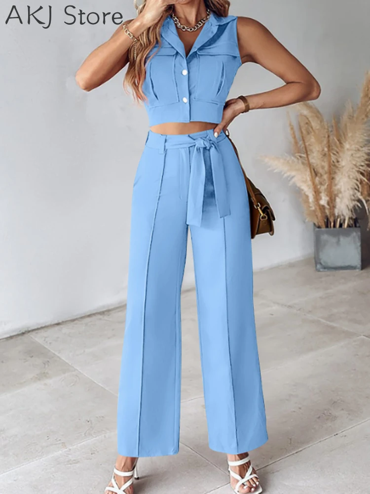 Women Casual Solid Color Sleeveless Button Front Vest Top and High Waist Wide Leg Pants 2pcs Set