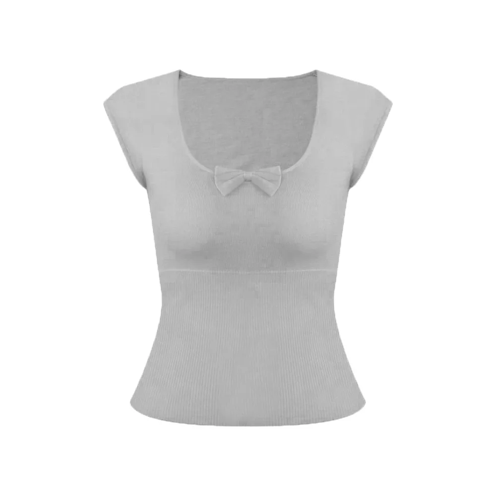 

Корейские укороченные топы Y2K с круглым вырезом, женская одежда, однотонная вязаная футболка с бантом и короткими рукавами, милая тонкая короткая футболка