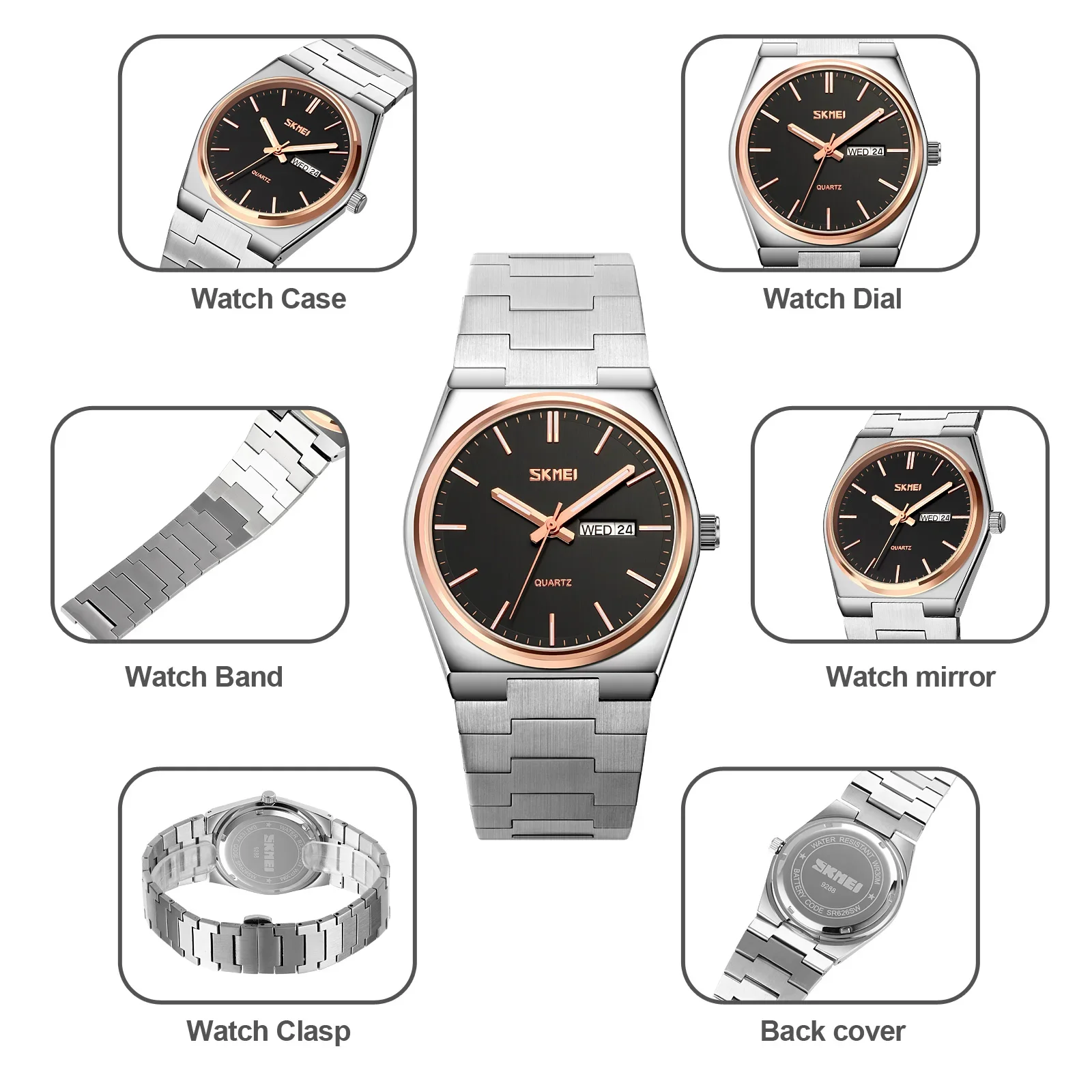 SKMEI 9288 Mens Waterproof Business Wristwatches Man reloj hombre  Casual Quartz Clock Male Full Steel Time Week Sports Watch