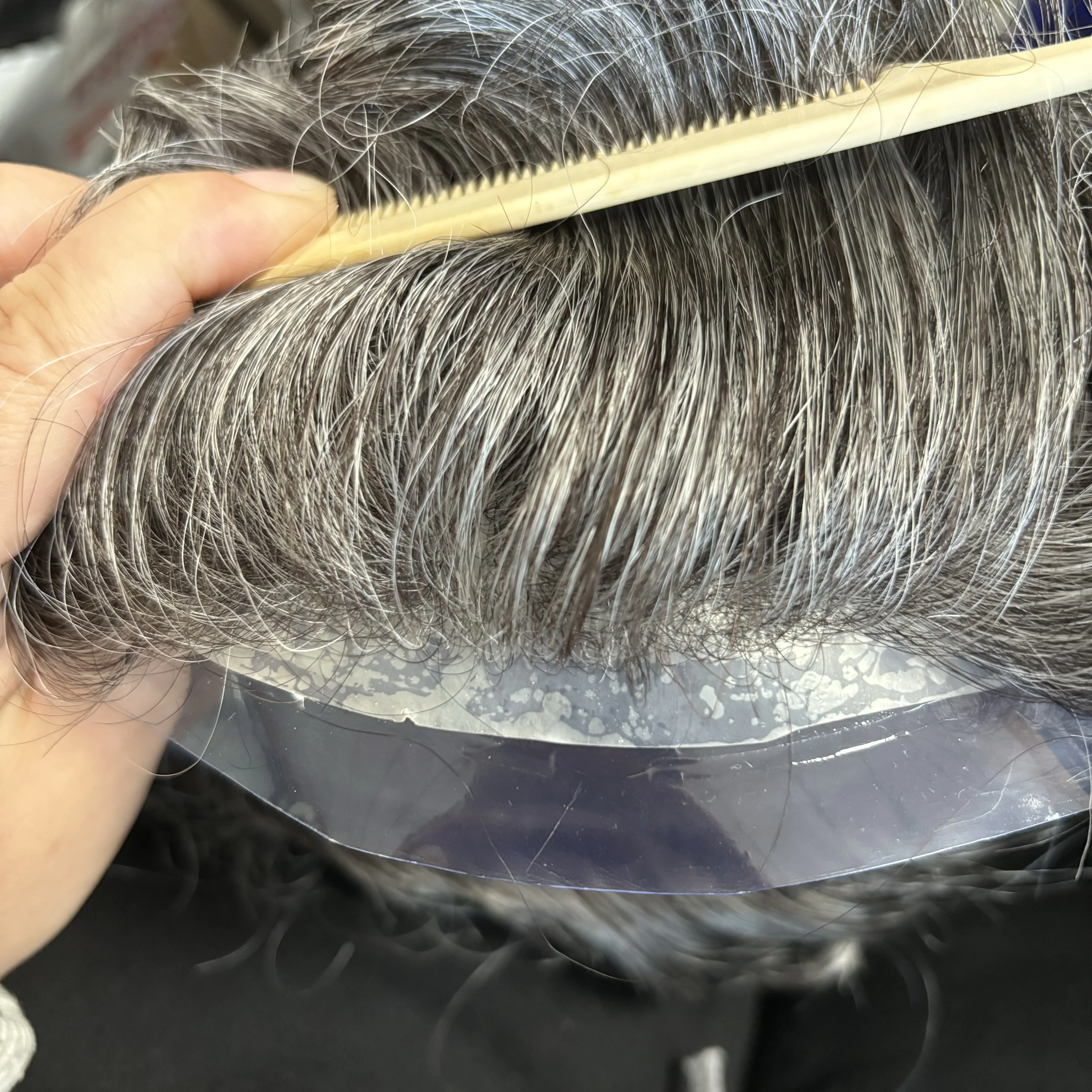 Unsichtbare 80-90 Dichte, super-natürlicher Haaransatz, schwarze Herrenperücken, 100% Echthaar, 0,02 mm ultradünne Hautbasis, Herren-Toupet – Detail 5