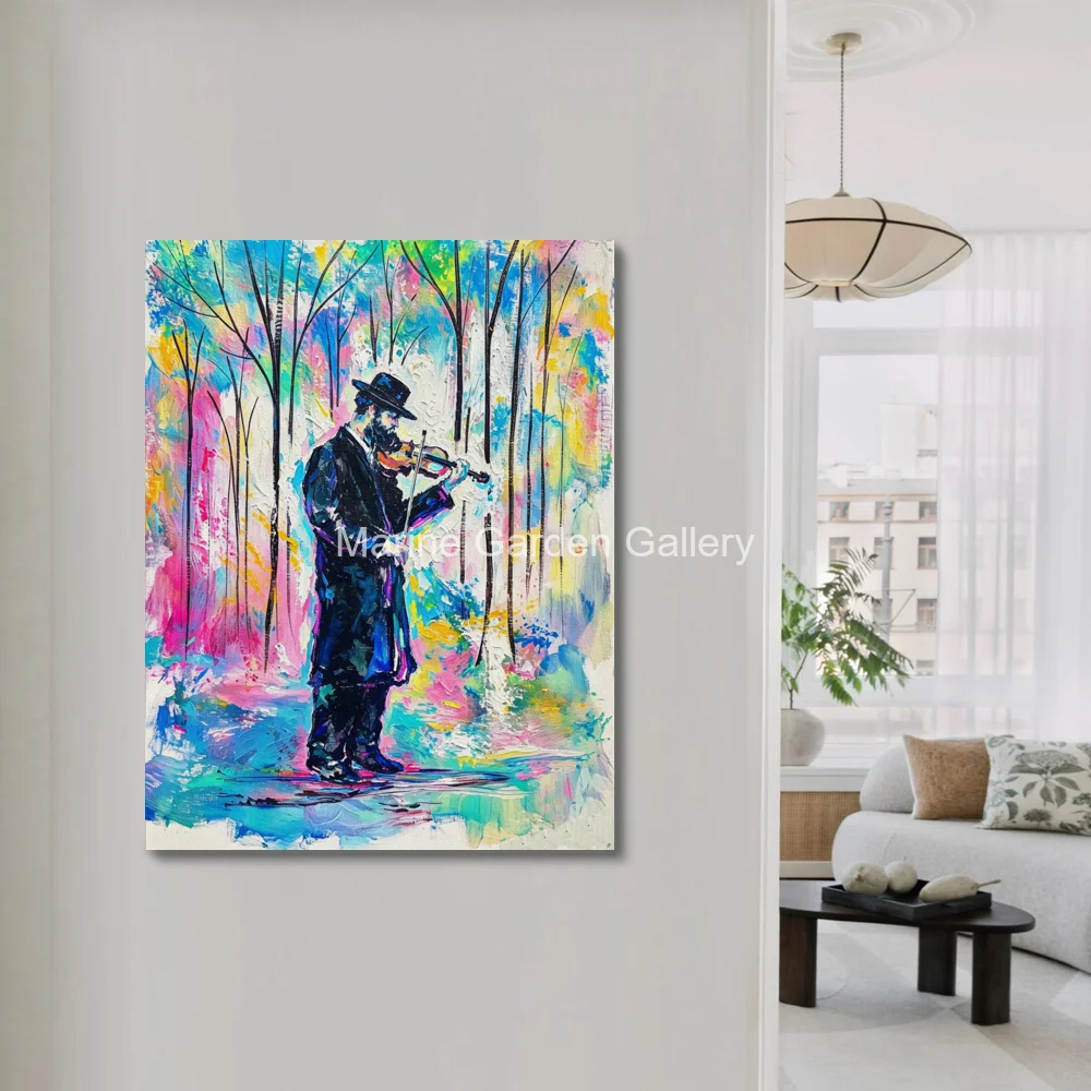 Hand Painted Forest Violinist Oil Painting Colorful Jewish Musician Portrait Large Textured Canvas Art for Living Room Decor