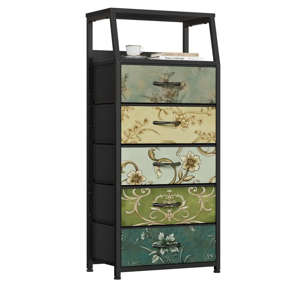 

Retro 5 Drawers Dresser, Tall Dressers for Bedroom, Closet, Hallway, Nursery, Fabric Storage Tower Organizer, Vertical Nightstan
