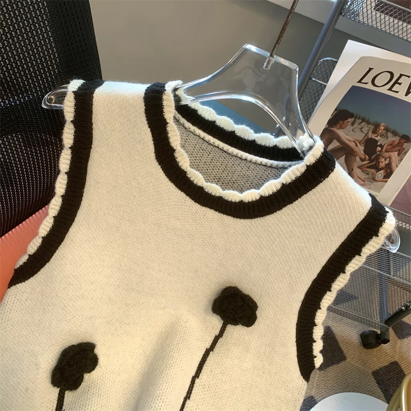 سترة نسائية عتيقة من MEXZT بلوفرات محبوكة مرقعة هاراجوكو صدرية خريفية كورية تريكو بدون أكمام