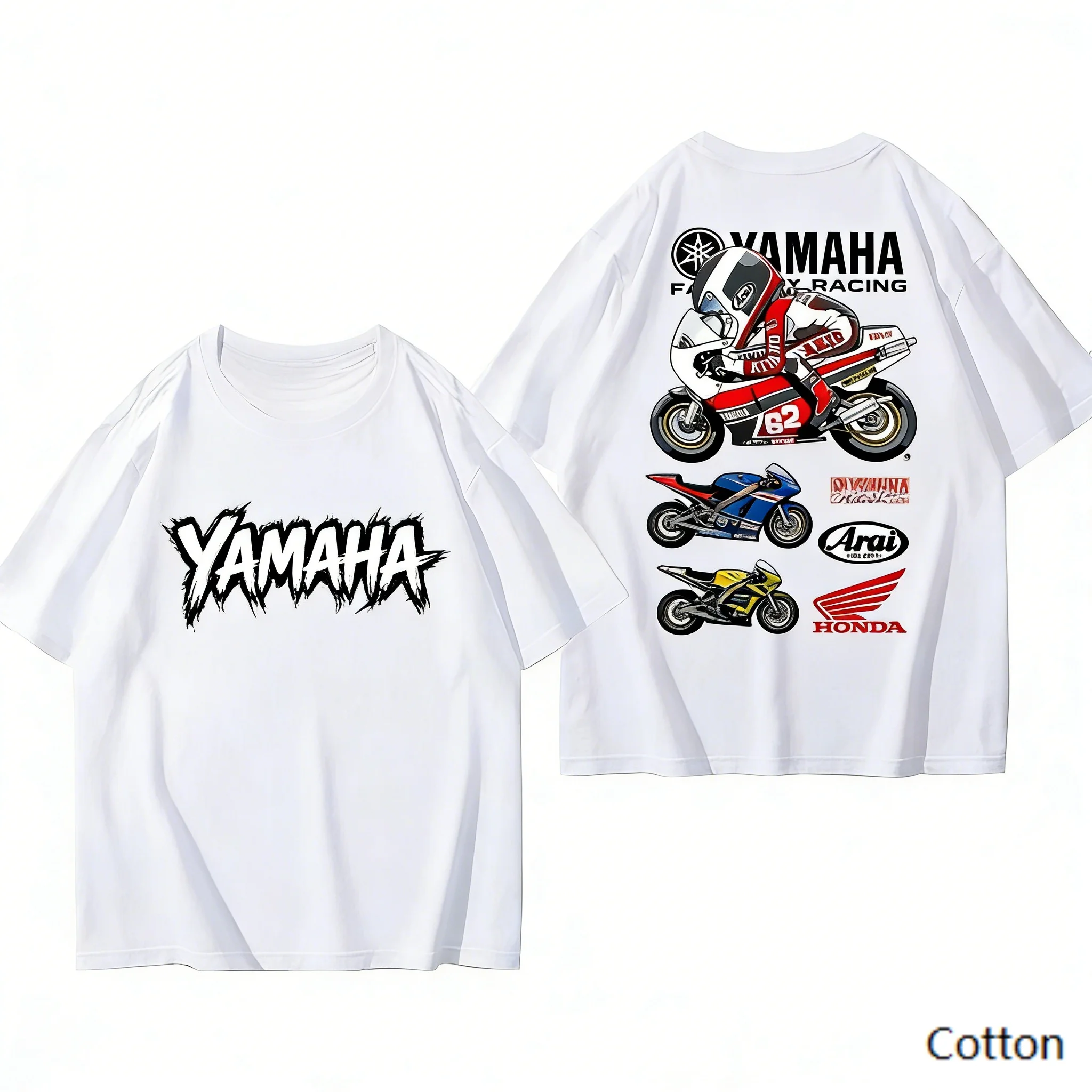 2026 YAMAHA White Oversized Retro Racing Print Cotton T-Shirt Unisex Breathable Biker Street Top