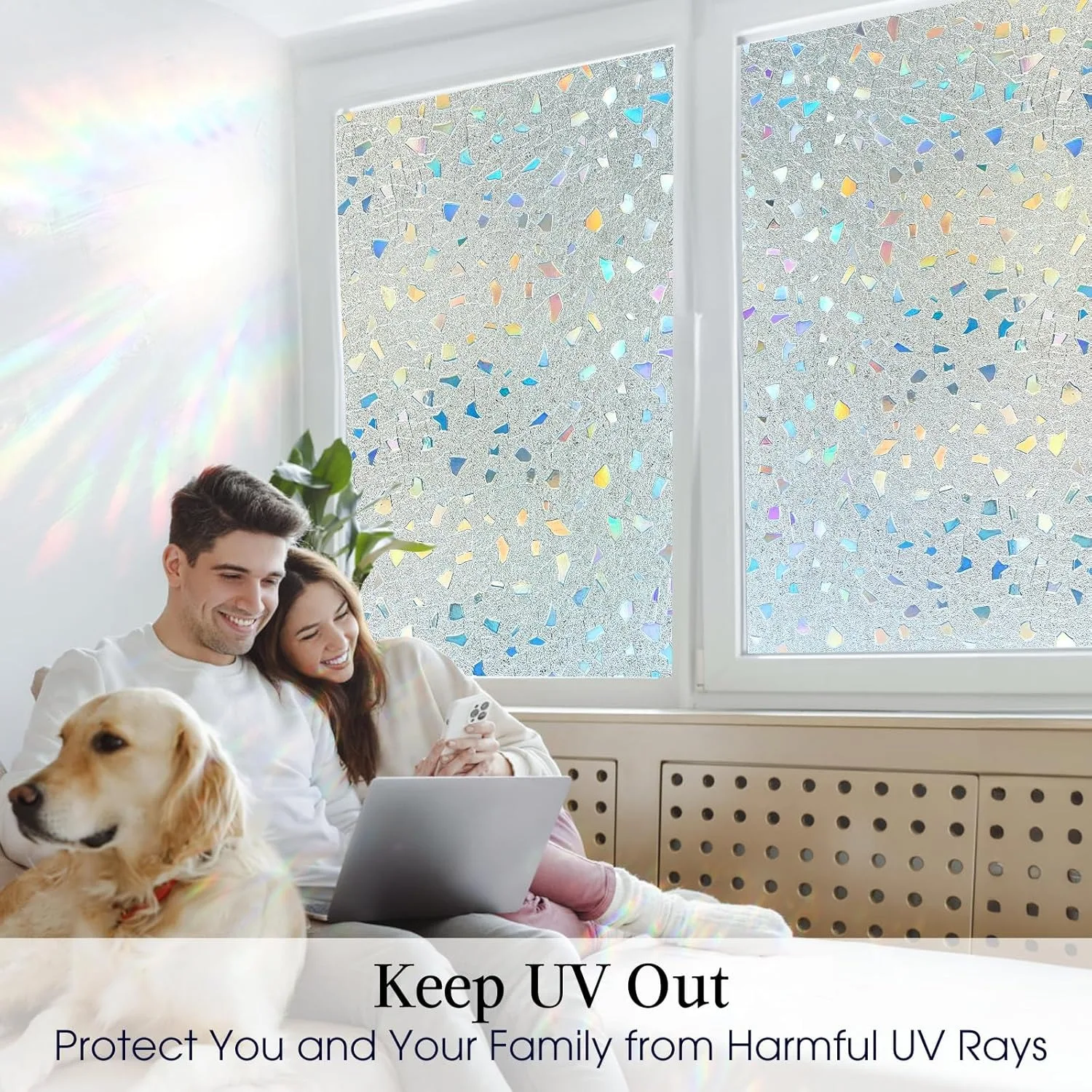 Window Privacy Film Static Cling, 3D Rainbow Iridescent Anti-UV Heat Block No Glue Mosaic Glass Sticker for Home Decoration