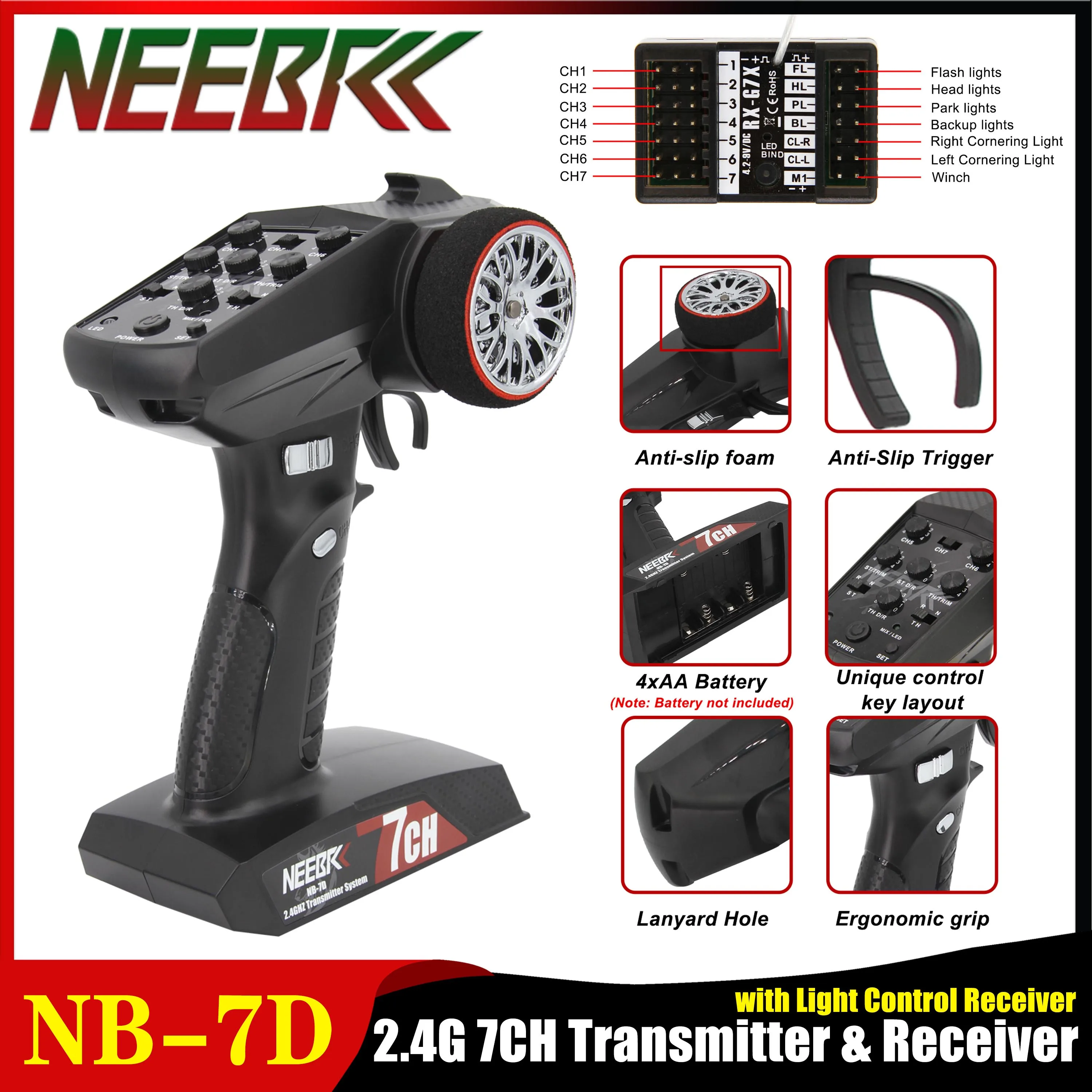 

NEEBRC NB-7D 2.4Ghz 7CH Radio System Transmitter 7 Channel Receiver Combo with Light Remote Control for RC Car Boat Robot Model