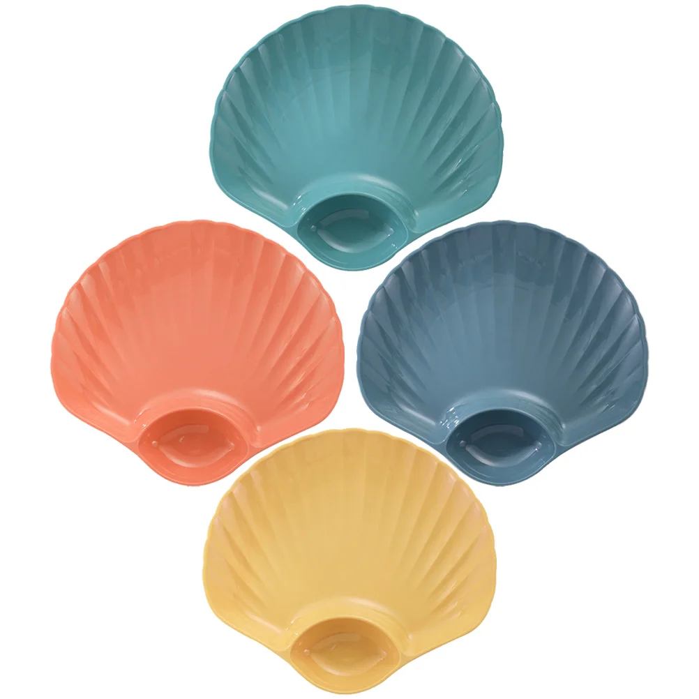 

4pcs Shell Shaped Dipping Plates for Fruits Dumplings Sushi Snacks Sectioned Sauce Bowls Plastic Lunch Tray Serving Sets