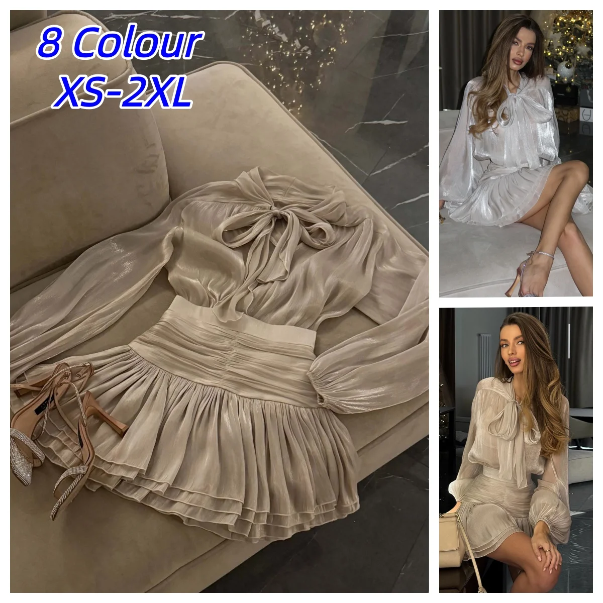 Elegant Bow Lace Up Top Skirts Set For Women O-neck Long Lantern Sleeve Blouses High Waist Pleated Skirt 2026 Summer Lady Outfit