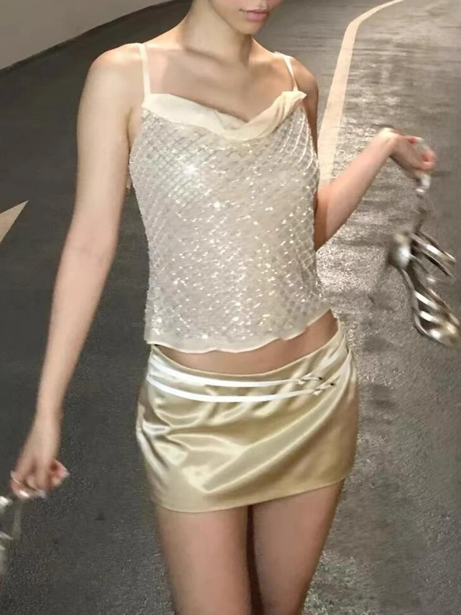TWOTWINSTYLE, conjuntos de dos piezas de moda adelgazantes para mujer, cuello en V, sin mangas, chaleco de lentejuelas empalmado, minifalda de cintura alta, conjunto femenino