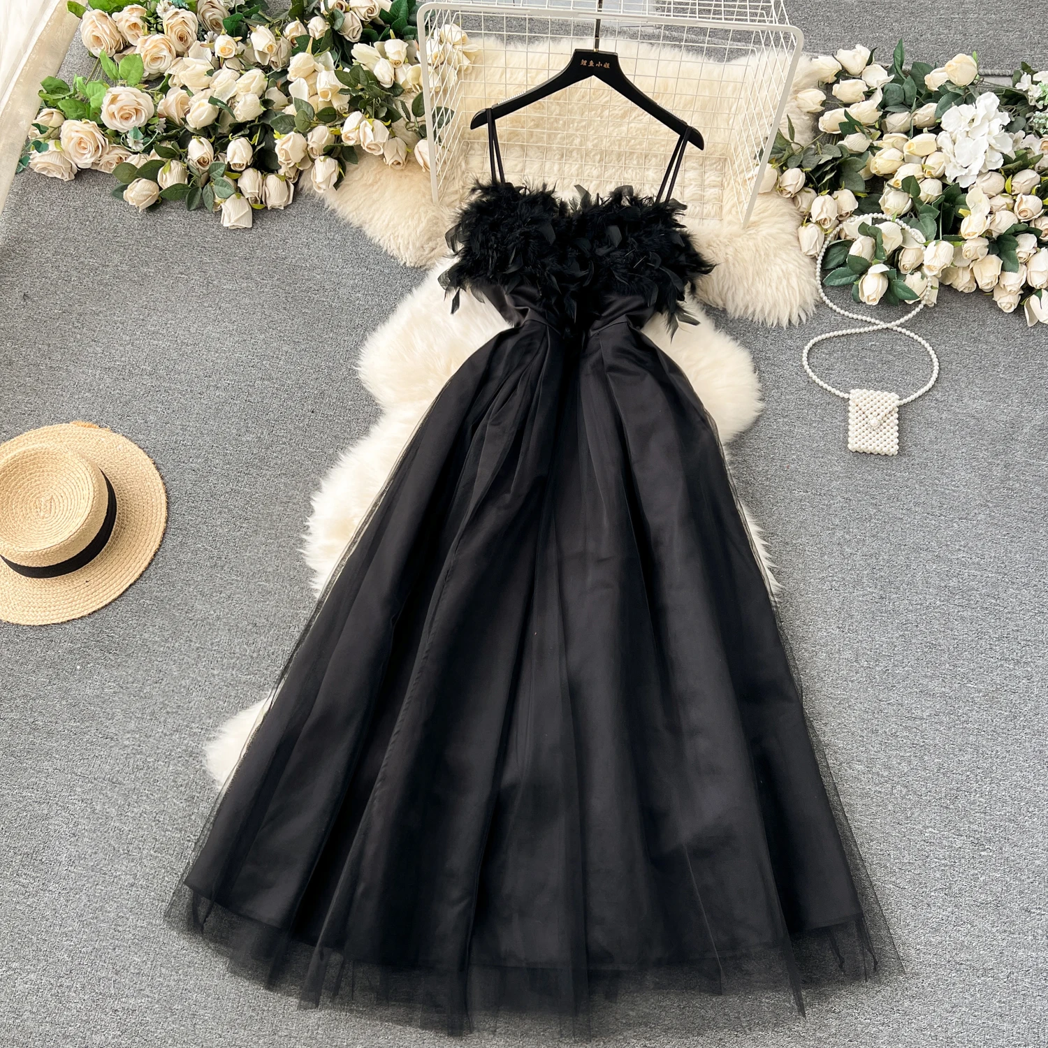 Elegant Sleeveless Vintage Chic Feather Spliced Mesh Slim Ball Gown Straps Dresses French Evening High Street Autumn Clothing