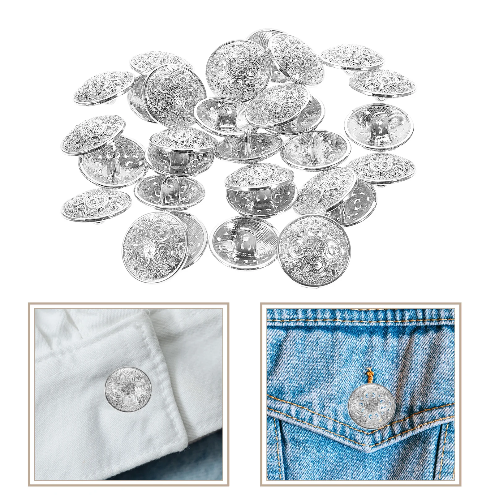 30Pcs Metal Hollow Buttons Silver for Jackets Coats Jeans DIY Sewing Fasteners Clothing Decor Metal Button for Coat