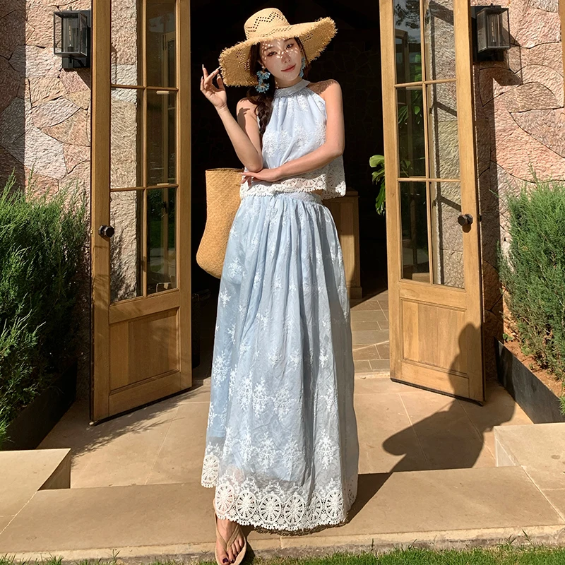 Ele Blue Embroidered Hollow out round Ne Svel Vest High Waist Lace Trim Maxi Skirt Holiday Outfit Women's Faion...