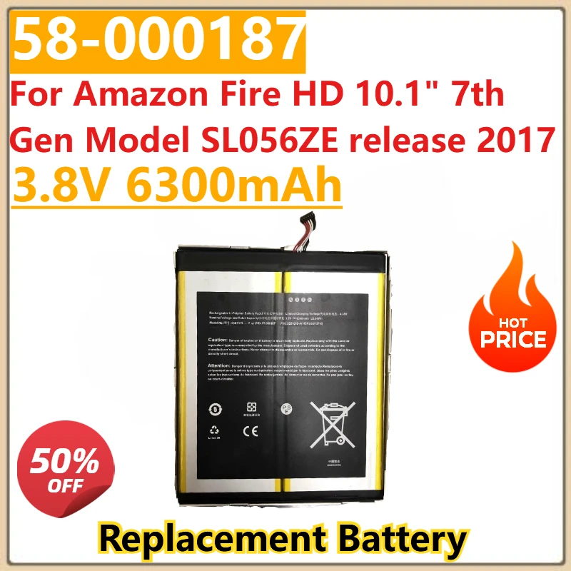 

New 3.8V 6300mAh Replacement Battery 2955C7 58-000187 For Amazon Fire HD 10.1" 7th Gen Model SL056ZE release 2017