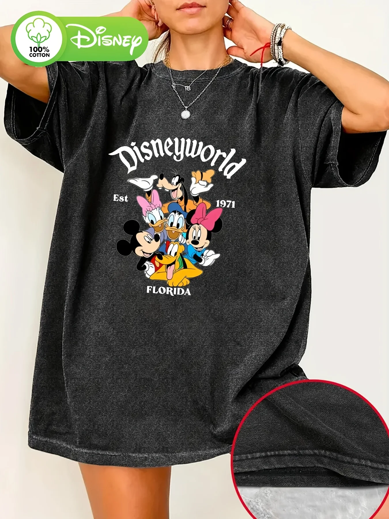 

Disney Women's Summer Casual Retro Wide Edition Washed Outdated Design Disney Mickey Mouse Castle Printed T-shirt