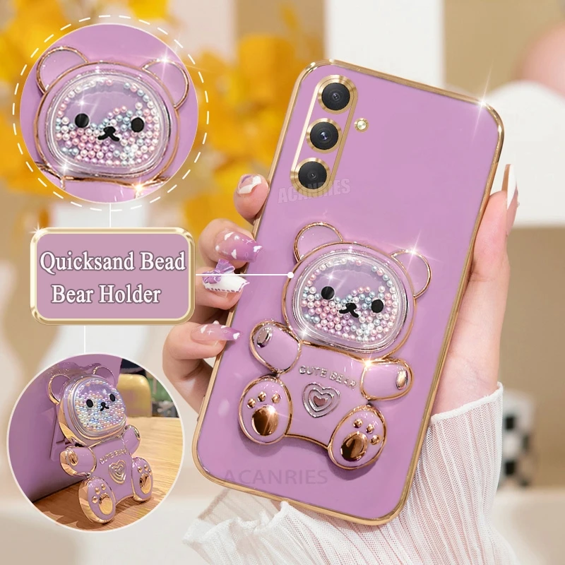 A 16 15 55 54 Luxury Bear Holder Plating Case For Samsung Galaxy A16 A15 A55 A54 A34 A35 5g Silicone Stand Cover S24 Fe S25 Plus