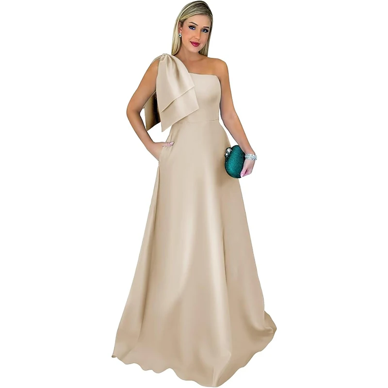 

Satin Formal Dresses One Shoulder Mother of The Bride Dresses for Women Long A Line Evening Gowns with Pockets Manmuxi