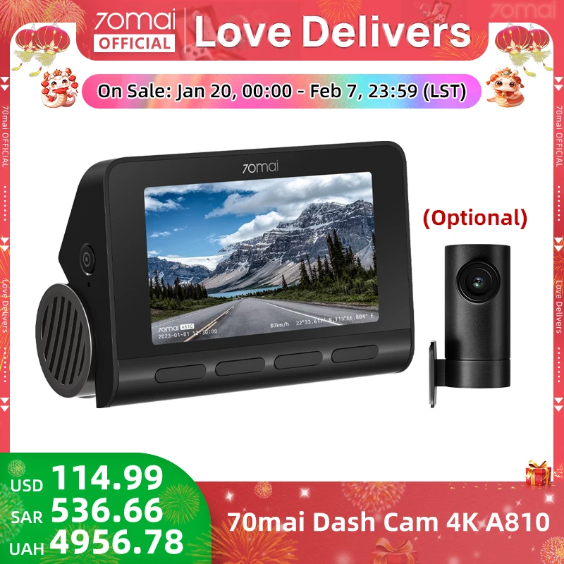 70mai 4K Dash Cam A810 Ultra HD Built-in GPS ADAS Auto Record 150FOV Motion Detection 70mai A810 4G Car DVR Support Rear Cam