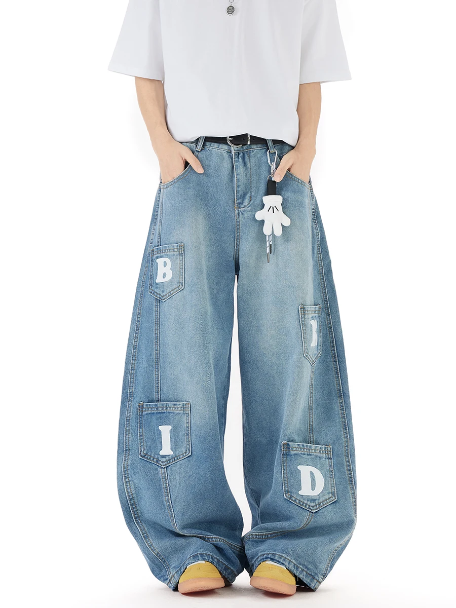 

Boyue American Style Pocket Printed Wide Leg Jeans Lazy Loose Fit High Street for Men And Women Casual Straight Cut Jeans