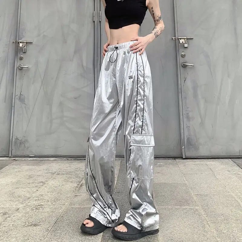 

Drawstring Casual Loose Pocket Patchwork Pants Women 2024 Y2k Fashion Silver Cargo Pants Streetwear High Waist Jogger Sweatpants