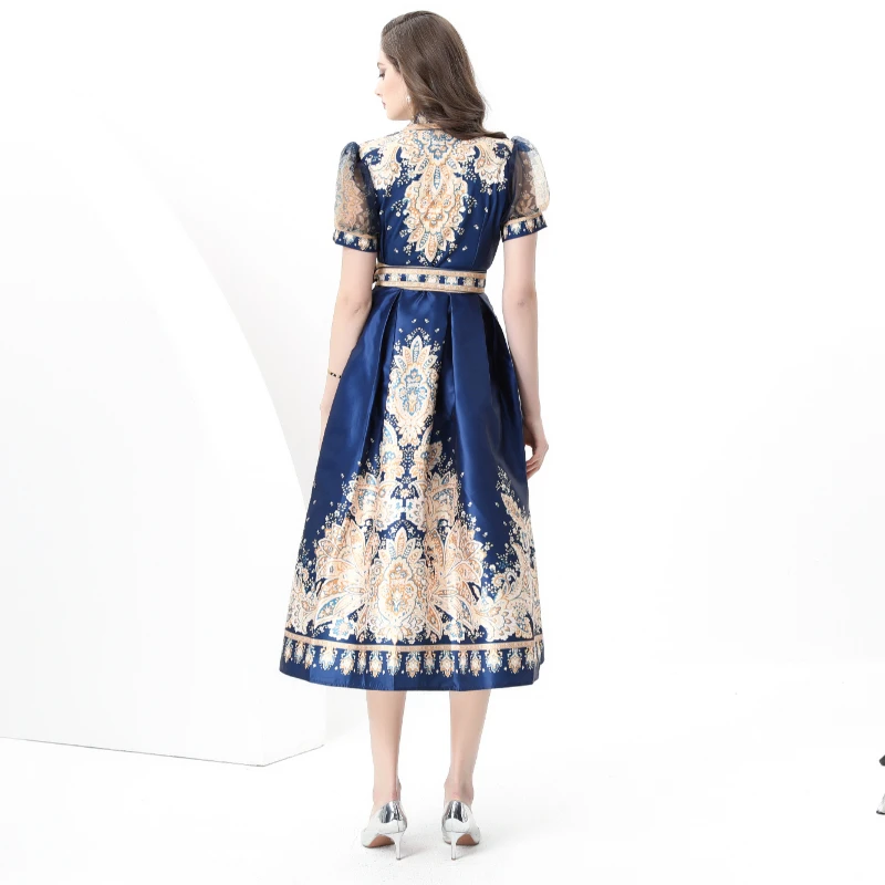 夏秋ヴィンテージ厚いサテン休暇ラップロングドレス女性の V ネックパフスリーブサッシュレースアッププリントドレス