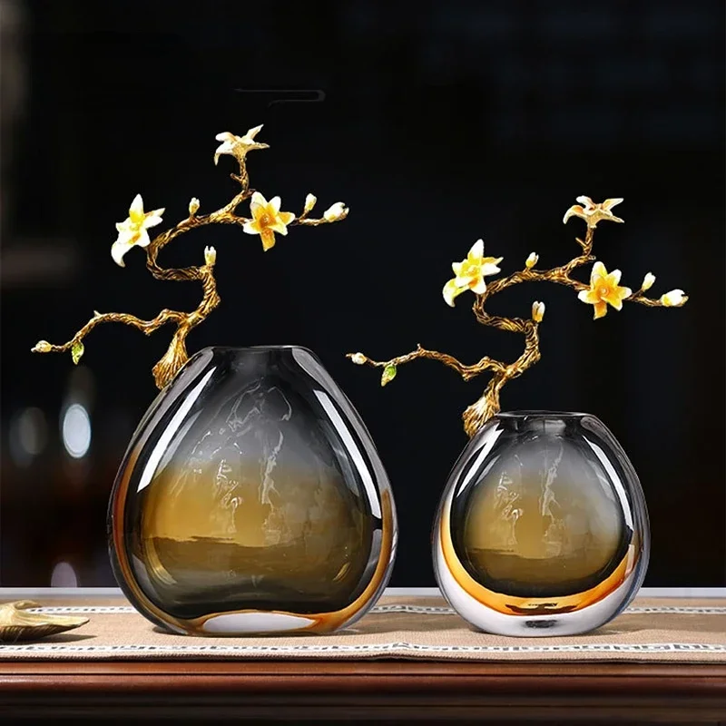 Glass vase decoration Light luxury New Chinese home decoration High grade living room Office desktop decoration