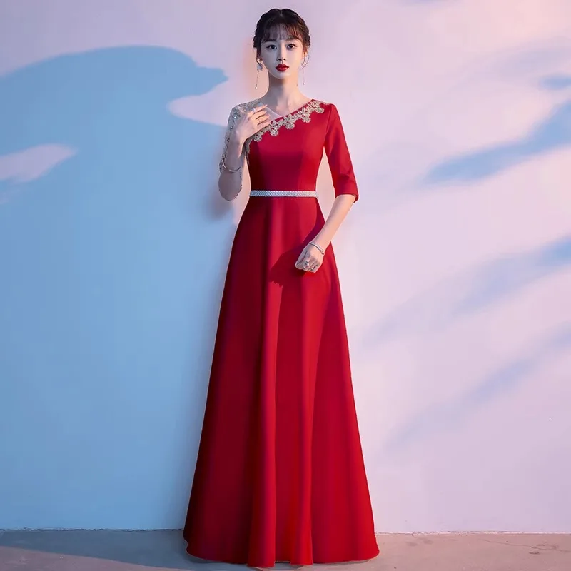 Women Sexy V-Neck Qipao Lace Splice Dress Team Performance Costume Oversize Fashion Elegant Cheongsam Chinese Bride Wedding Gown