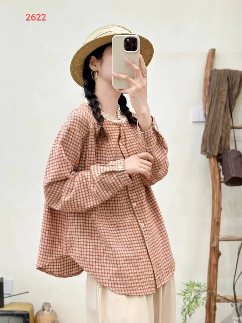 Japanese Mori Girl Vintage Plaid Shirts Women Autumn New Lace Stand Collar Long Sleeve Casual Loose Blouse Tops