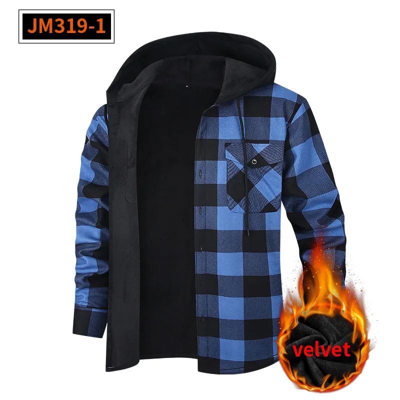 Outono e inverno com capuz xadrez casual masculino de manga comprida camisa quente de inverno