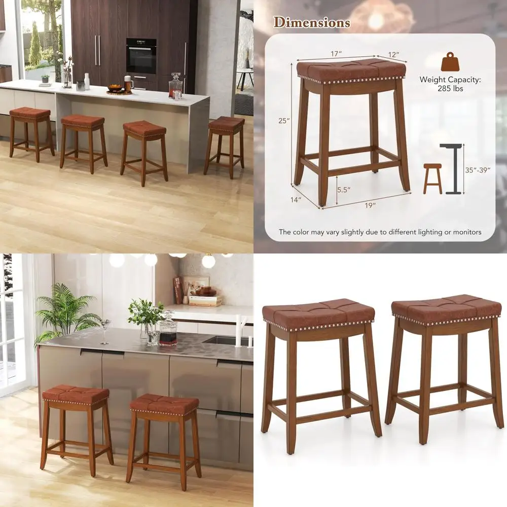 

Bar Stools Set of 4, 25 Counter Height Bar Stools w Saddle Seat, Footrest, Rivet, Button Tufted, Rubber Wood Frame, Upholstered