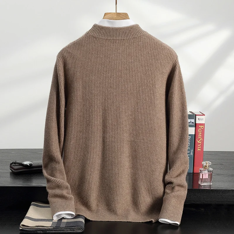 Men's 100% Pure Cashmere Sweater Autumn Winter Thickened Cross Pattern Mock Neck Long Sleeve Loose Casual Overhead Knitwear