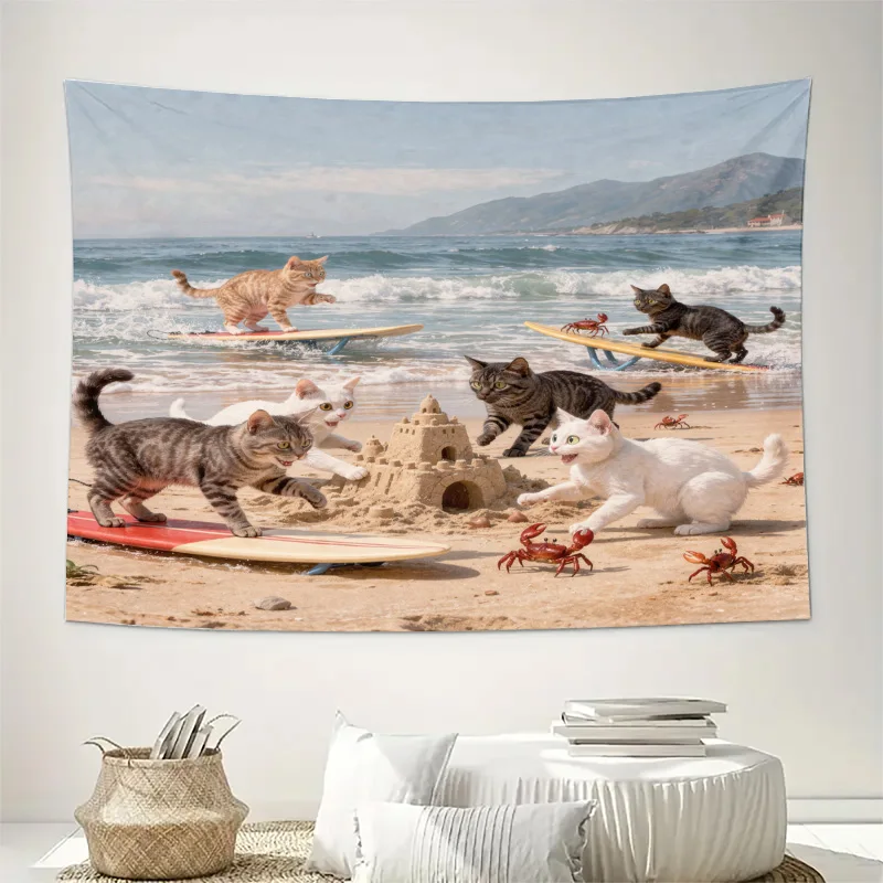 Whimsical Cat Beach Tapestry Wall Hanging Summer Ocean Surf Tropical Animals Art Room Decor Coastal Aesthetic Gift