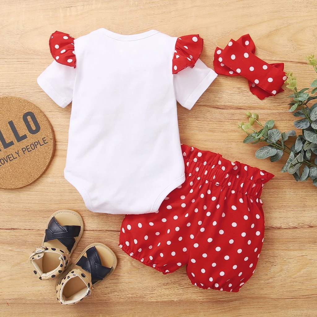 Baby Girl 0-18 Months 3PCS Clothing Set Love Short Sleeve Romper+Polka Dot Shorts+Headband Summer Daily Casual Newborn Baby Girl