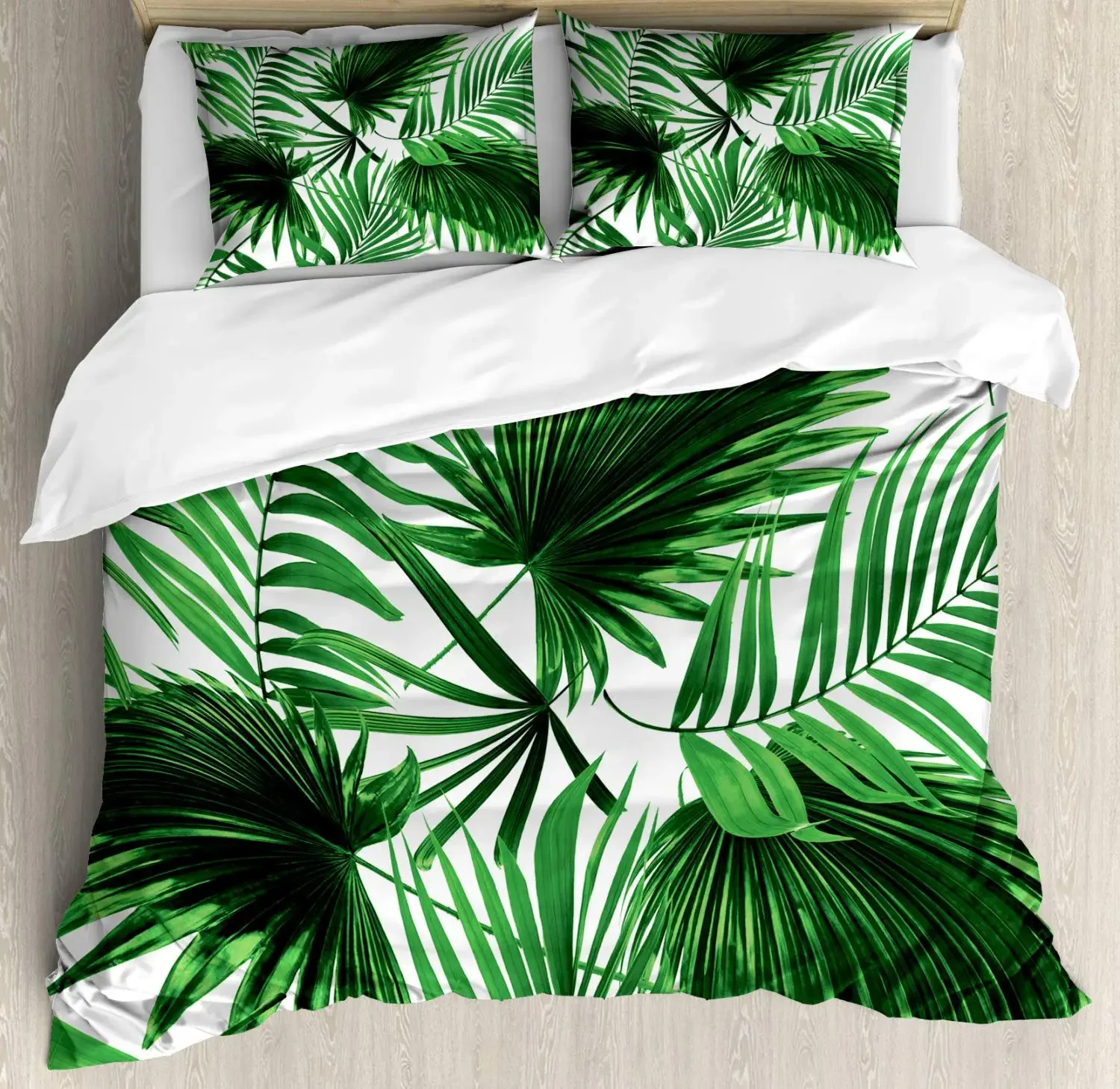 Palm Leaf Duvet Cover Realistic Vivid Leaves of Palm Tree Growth Ecology Botany Themed Print Queen Size Fern Green White Room