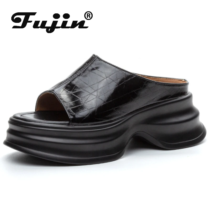 Fujin 7cm mikrofibra syntetyczna skóra mieszkania letnie Peep Toe sandały kapcie czółenka platforma klinowe modne wsuwane buty damskie