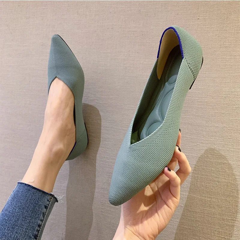 New Pointed Flat Shoes Spring and Autumn Women\'s Shoes Fashion Knitted Breathable Non Slip Shallow Mouth Leisure Single Shoes