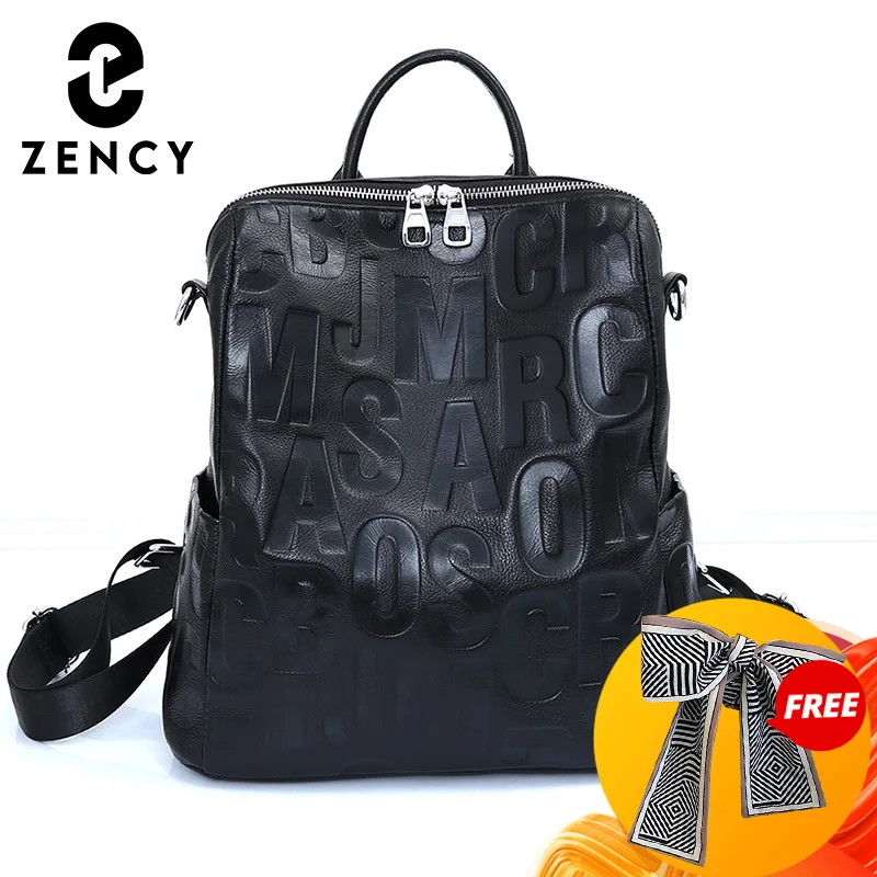 Zency Women's Genuine Leather Backpack Top Quality Silver Hardware Winter Unique Letter Shoulder Travel Knapsack Rucksack Girls