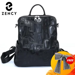 Zency Women's Genuine Leather Backpack Top Quality Silver Hardware Unique Letter Shoulder Travel Knapsack Lady Large Rucksacks