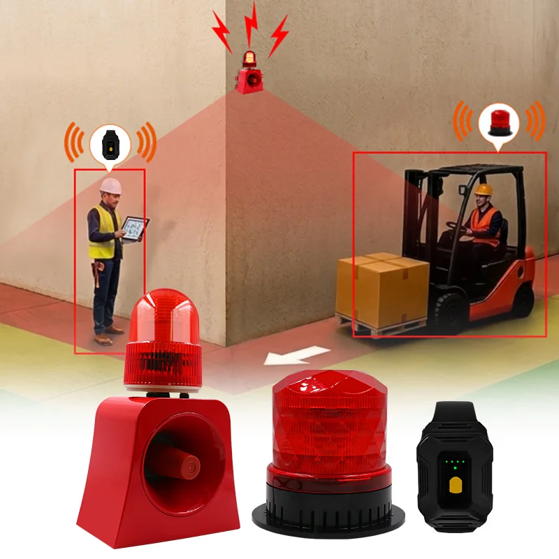 Forklift blind spot alarm system, pedestrian and vehicle approach alarm system in the corner of shelves (with sound and lights)