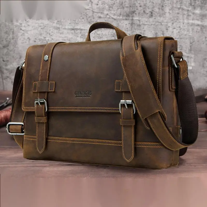 2025 Crazy Horse Messenger Men Shoulder Laptop Bag Luxury Brand Briefcase Large Capacity Men's Crossbody Bag Leather Man Bags