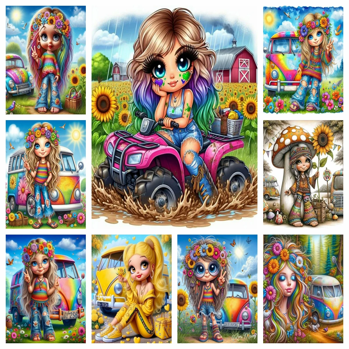 

5d DIY Diamond Art Painting Kit Cute Little Girl Bus Car Landscape Flowers Mosaic Embroidery Cross stitch Home Decor Gift