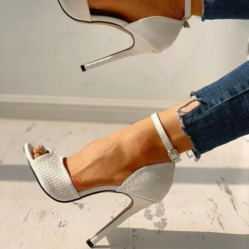Fashion Sexy Dress Wedding Shoes Women Ankle Strap Peep Toe High Heel Sandals Super High Heels Buckle Snake Pattern Woman Pumps view 6