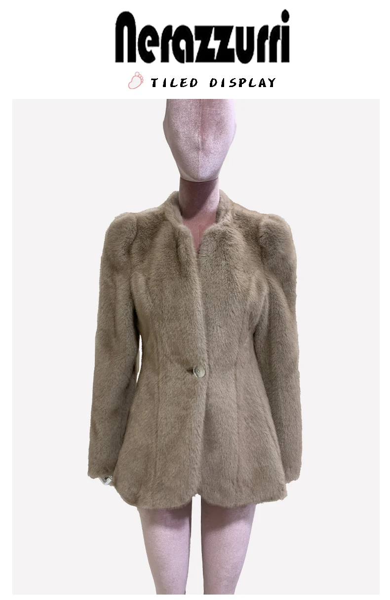 Nerazzurri Autumn Winter Elegant Luxury Chic Short Fitted Faux Fur Blazer Women Single Button Puff Sleeve Fluffy Jacket 2024