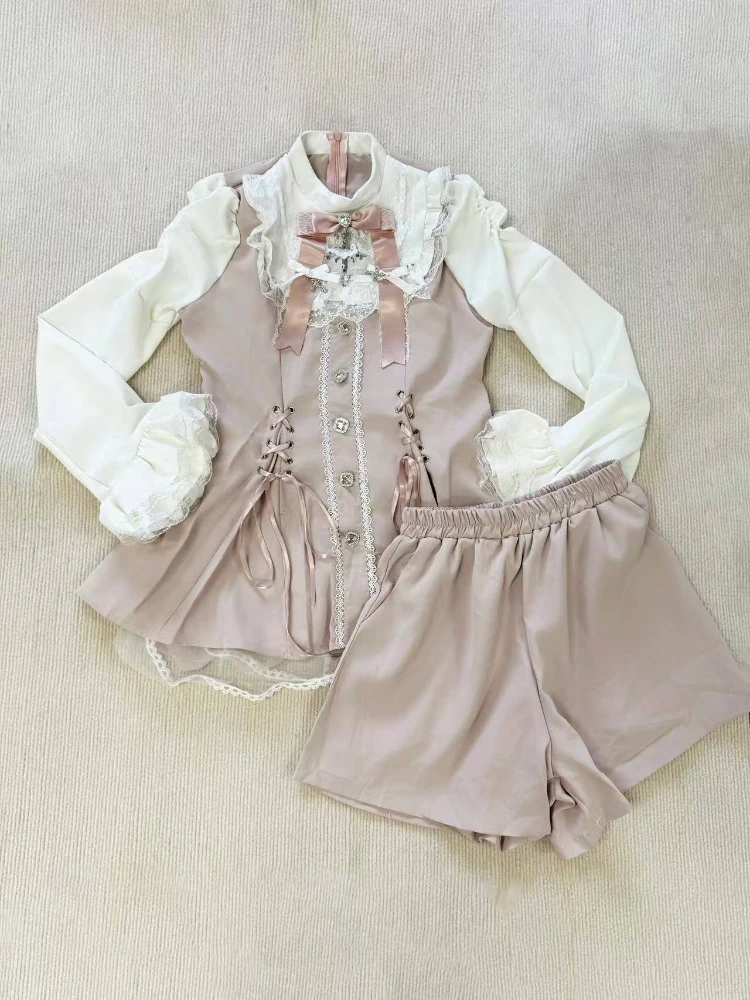 

Japanese Lolita Shorts Set Hot Girls Harajuku Vintage Patchwork Lace Bandage Tops Dress Casual Shorts Gothic Fashion Set Woman