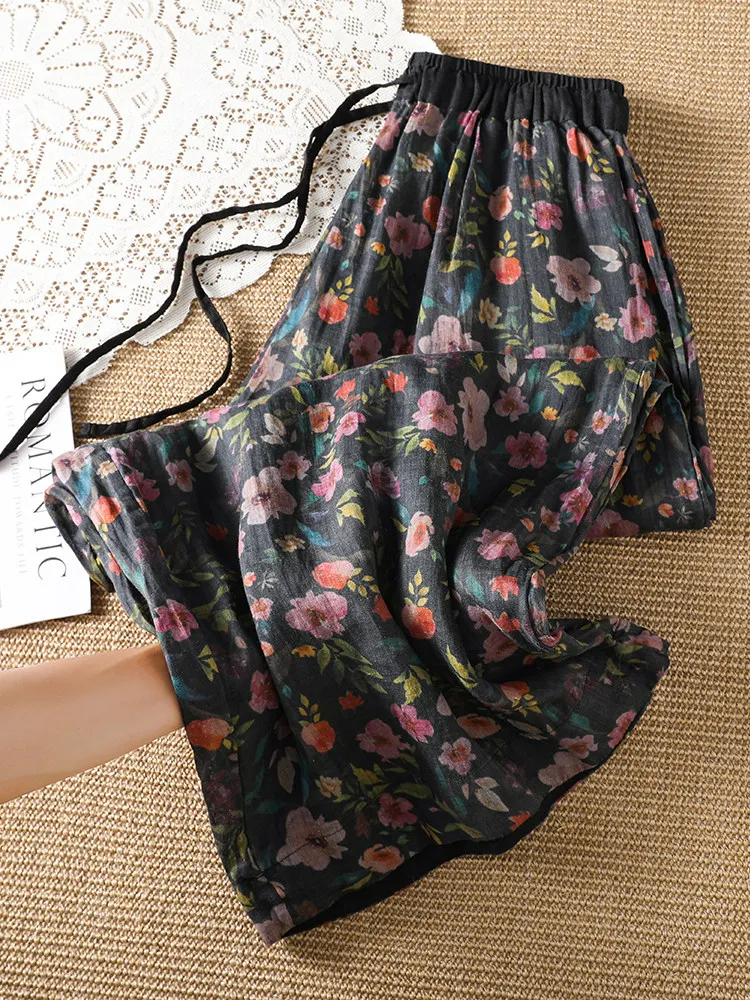 Large Size Floral Print Wide Leg Pants Women's High Waist Straight Cut Commute Design Autumn New Style Comfortable Breathable