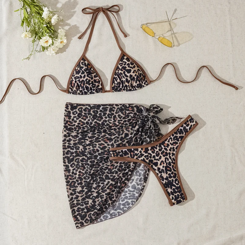 

New Leopard Print Triangle Cup Lace-Up Cover-Up Sexy Three-Piece Swimsuit for Women