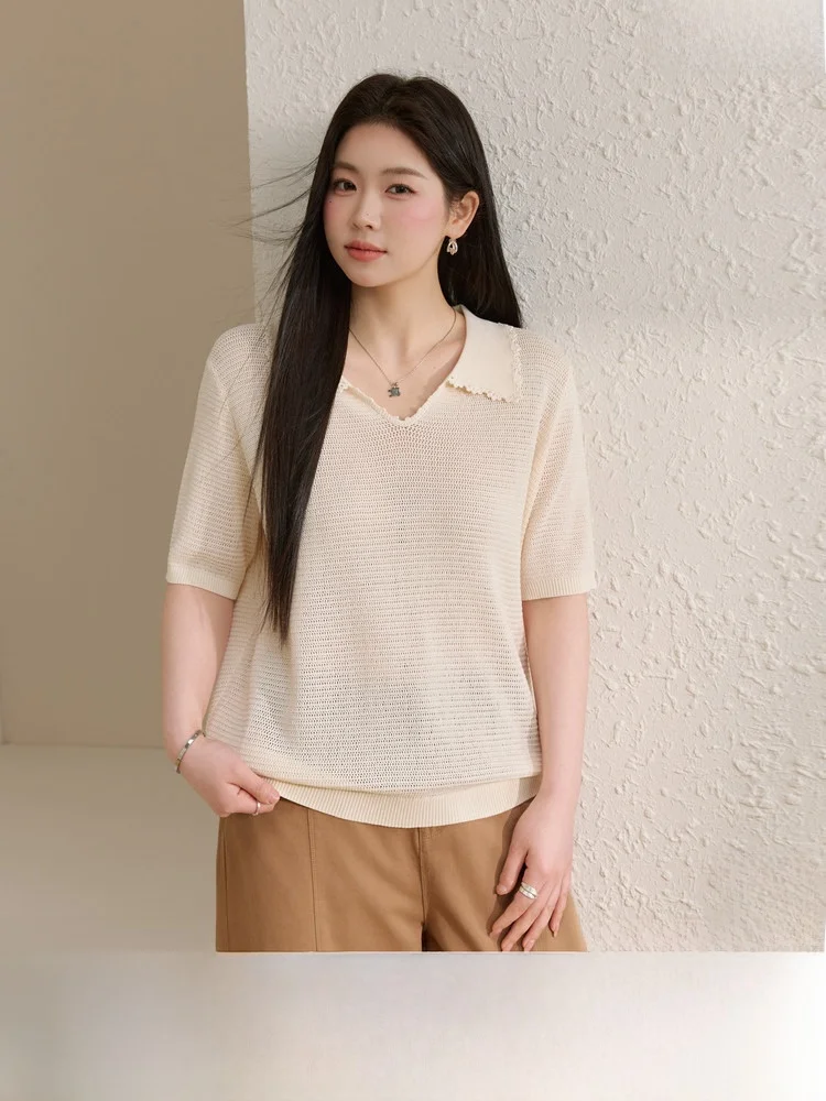 

Lace Trim Slim Fit Short Sleeve Knitwear Elegant plus Size Women's Summer Fashion Casual Wear Polyester Blend Regular Fit