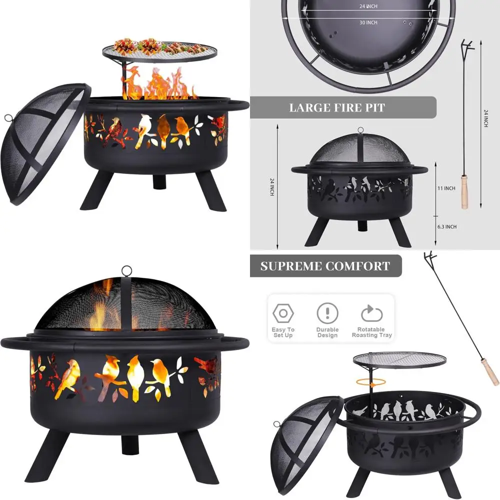 

Уличная дровяная печь-костровище 30 дюймов с грилем, крышкой, решеткой для дров и кочергой для патио, пляжа и заднего двора