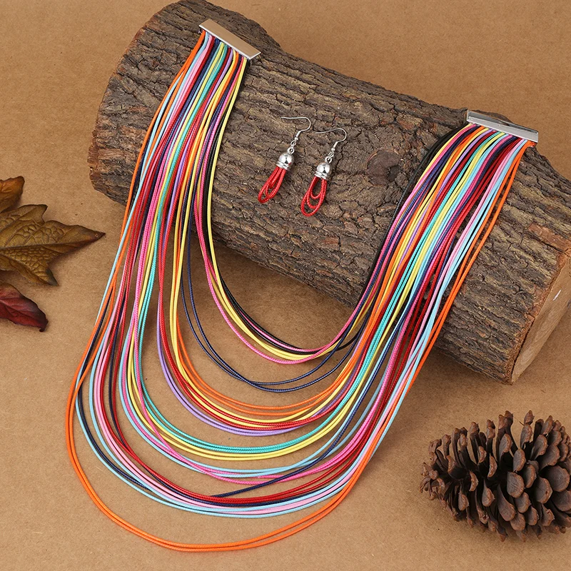 Colorful Multi-layer Leather Cord Wax Rope Chain Necklace Jewelry Set For Women String Cord Necklace Earrings Set Jewelry Gifts